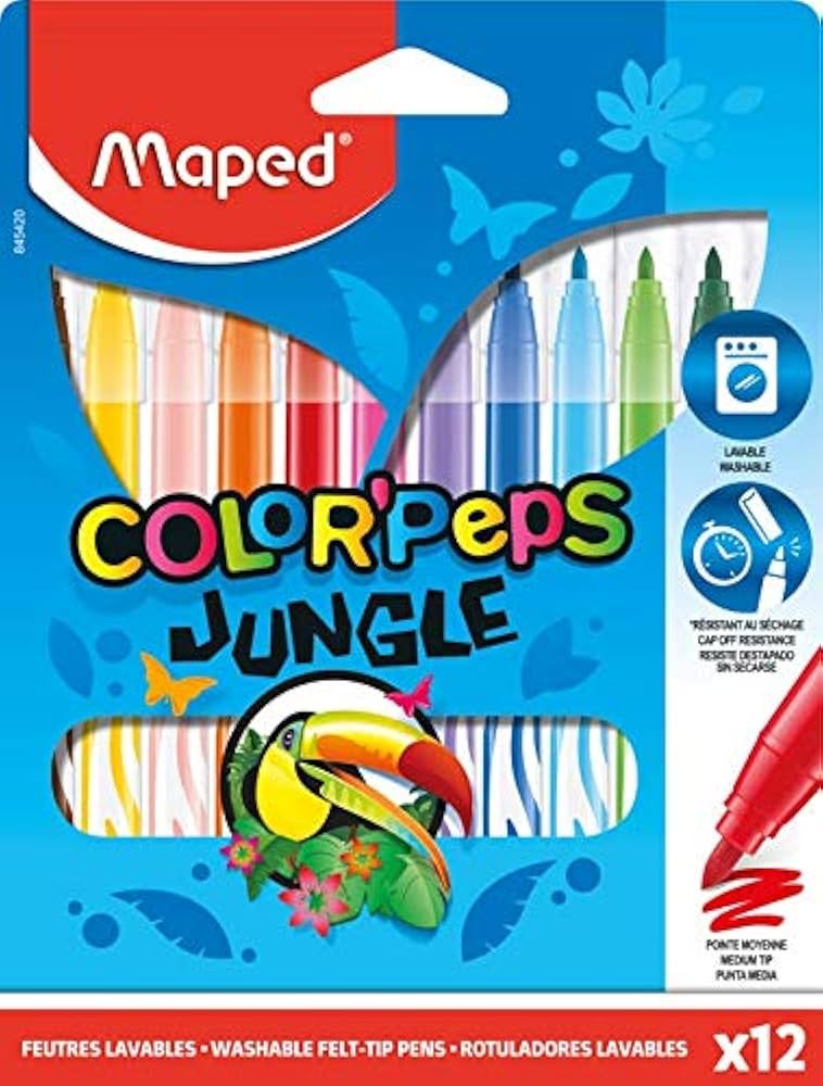 Maped Color’Peps – Combo Coloriage Jungle – 15 Crayons + 12 Feutres Lavables – Pochette Refermable – Rentrée Et Créativité